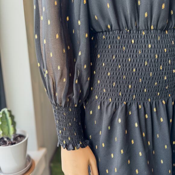 White House Black Market, Smocked Blouson Black/Gold Long Sleeve Mini Dress, XS - Picture 3 of 8